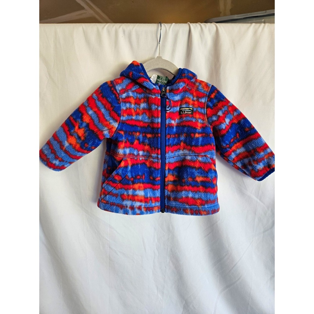 L.L.Bean Fleece Jacket Baby 6-12M Blue Red Excellent Striped Hooded 505802